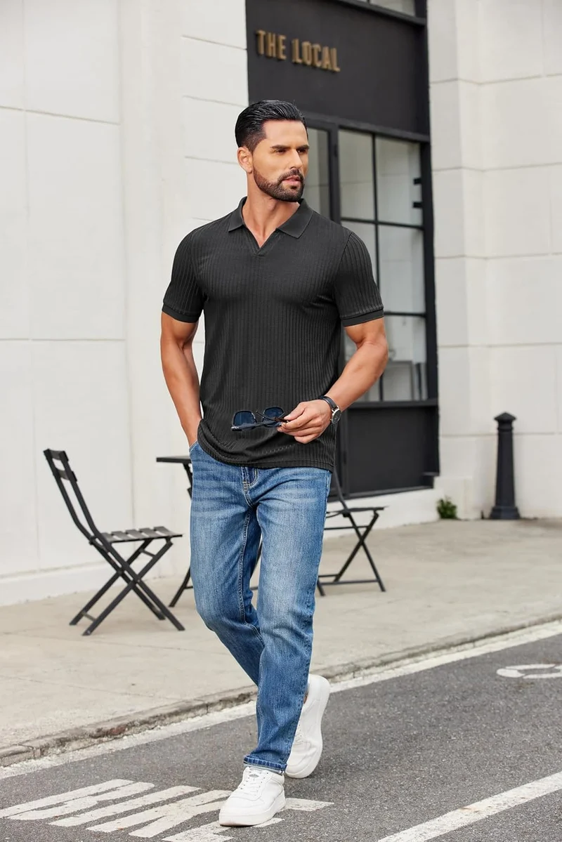 Alex Polo Homme – Polo Côtelé Col V Slim Fit, Léger & Style Été Moderne