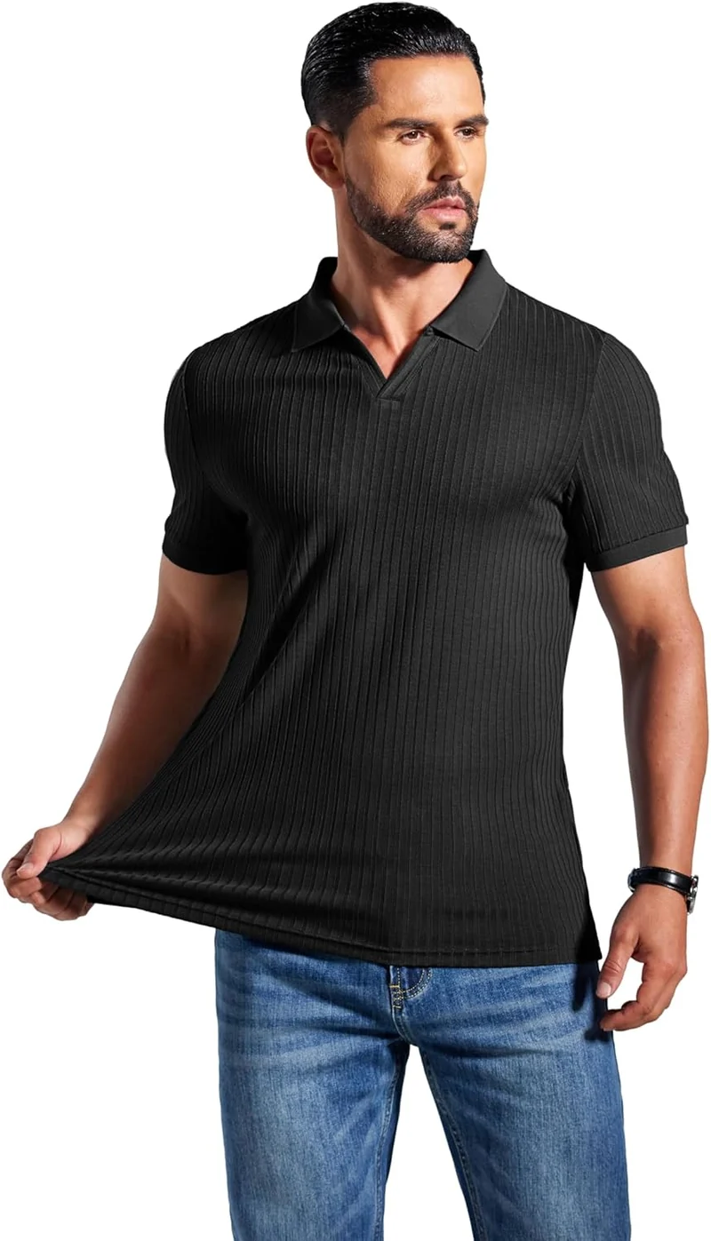 Alex Polo Homme – Polo Côtelé Col V Slim Fit, Léger & Style Été Moderne