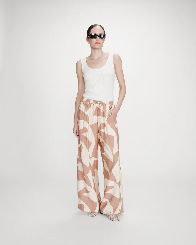 Pantalon large taille ajustable motif graphique mocha Veni