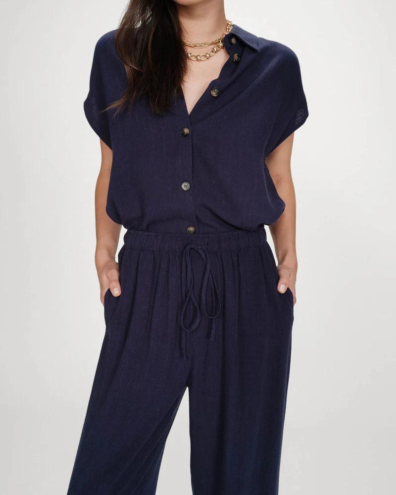 Pantalon large en lin taille haute marine Raven