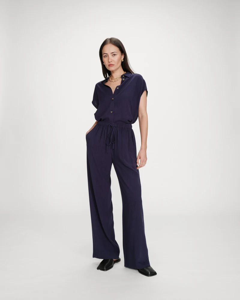 Pantalon large en lin taille haute marine Raven