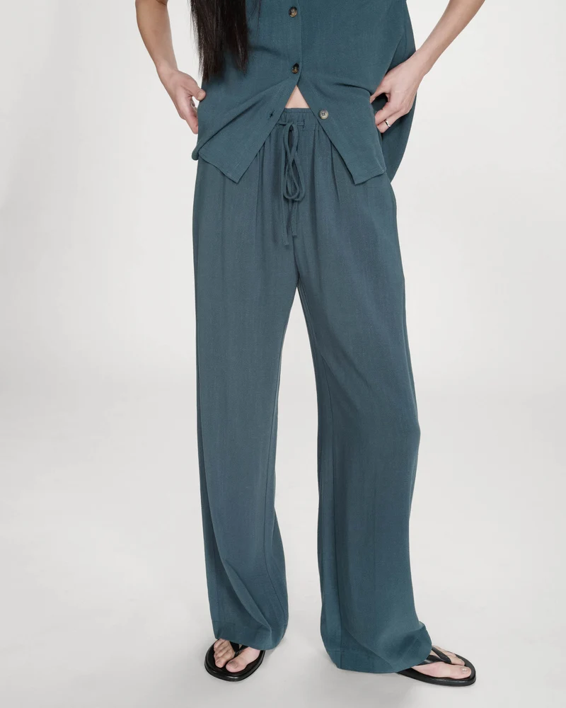 Pantalon large en lin taille haute emeraude Raven