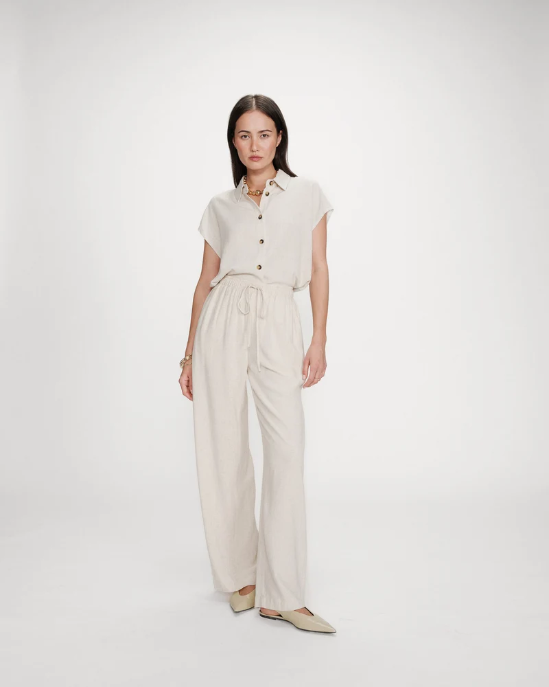 Pantalon large en lin taille haute sable Raven