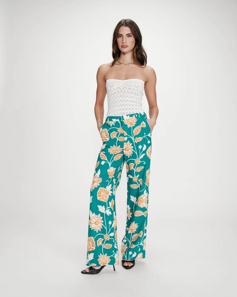 Pantalon à motif floral jambe large vert Varino