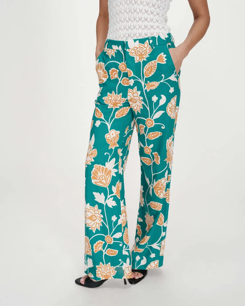 Pantalon à motif floral jambe large vert Varino