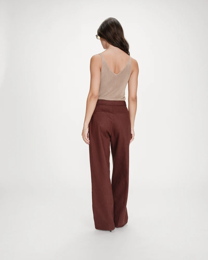 Pantalon tailleur à plis en lin et coton chocolat Vanelis