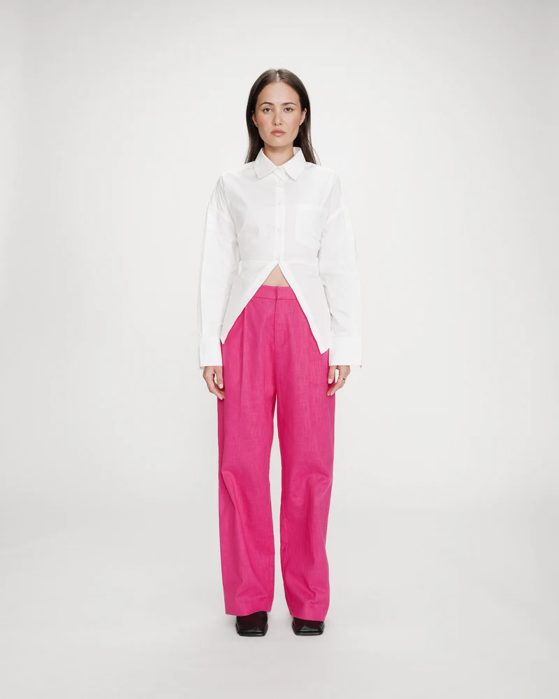 Pantalon tailleur à plis en lin et coton fuchsia Vanelis