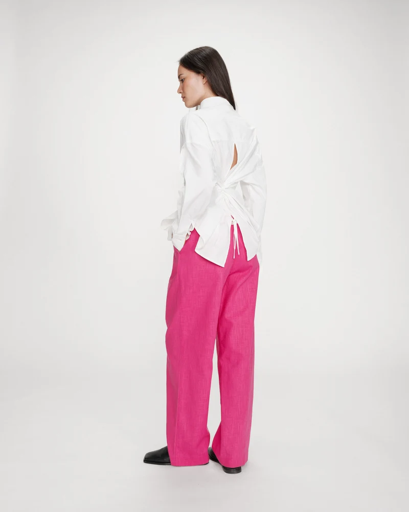 Pantalon tailleur à plis en lin et coton fuchsia Vanelis