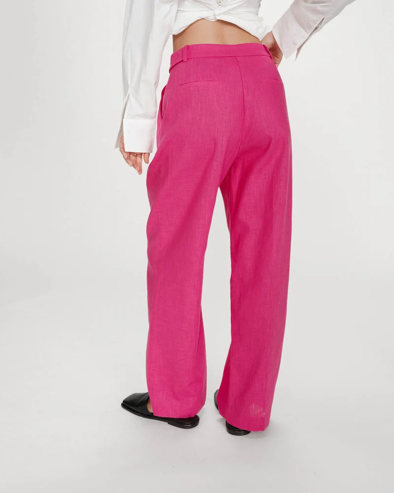 Pantalon tailleur à plis en lin et coton fuchsia Vanelis