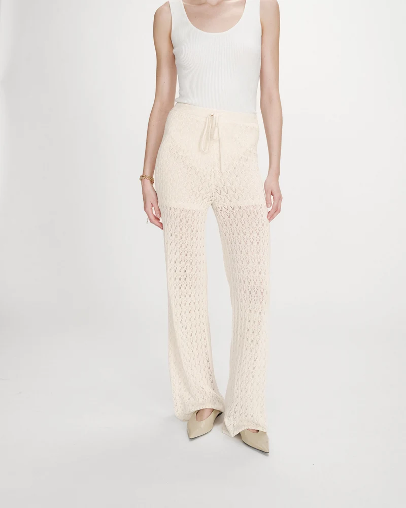 Pantalon en maille tricotée taille haute ecru Valado