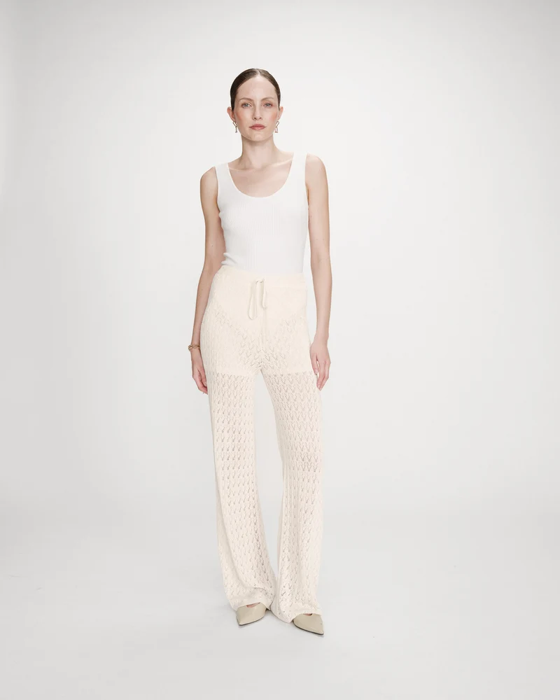 Pantalon en maille tricotée taille haute ecru Valado
