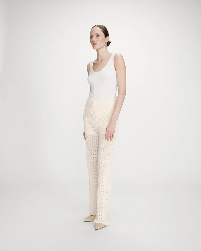 Pantalon en maille tricotée taille haute ecru Valado