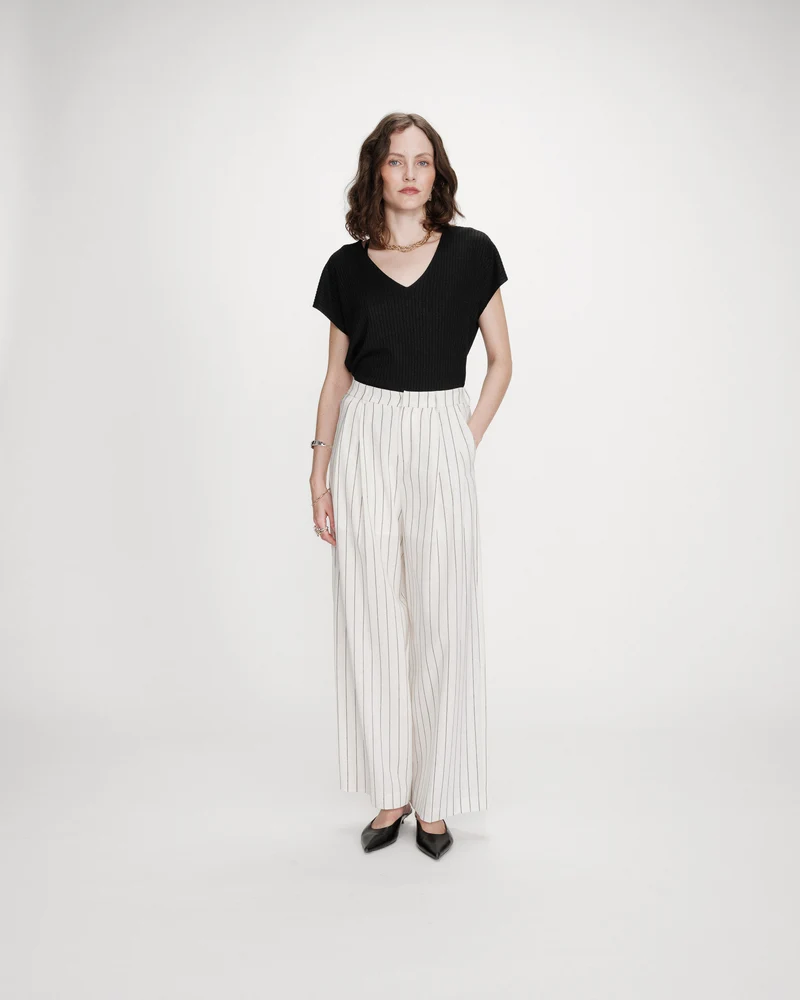 Pantalon tailleur droit en lin à fines rayures white Very