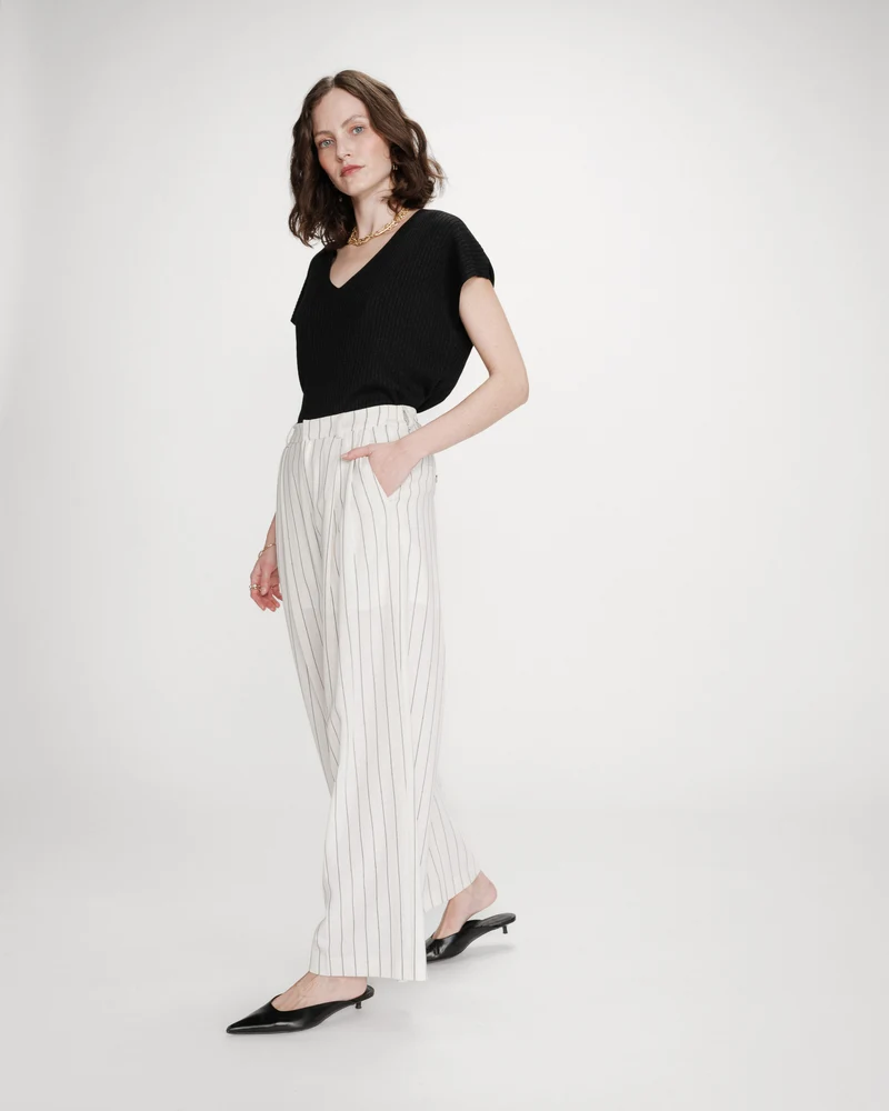 Pantalon tailleur droit en lin à fines rayures white Very
