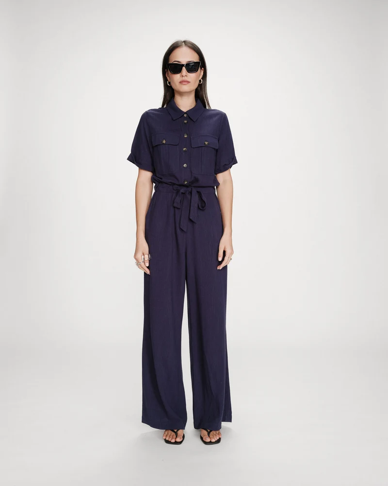 Combinaison pantalon fluide taille soulignée marine Vanelle