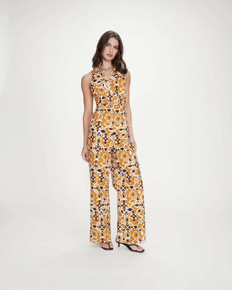 Combinaison pantalon dos nu imprimée cognac Vanina