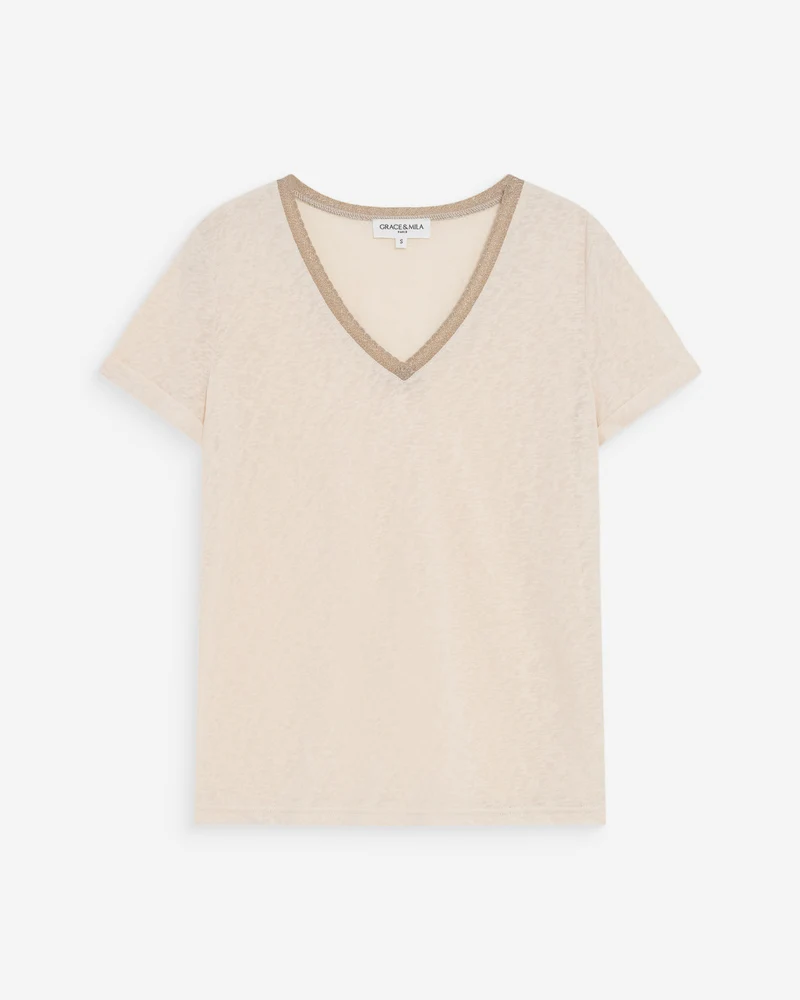 T-shirt col V manches courtes amande Vasco