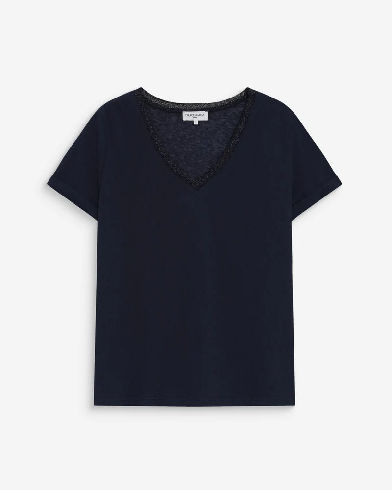 T-shirt col V manches courtes marine Vasco