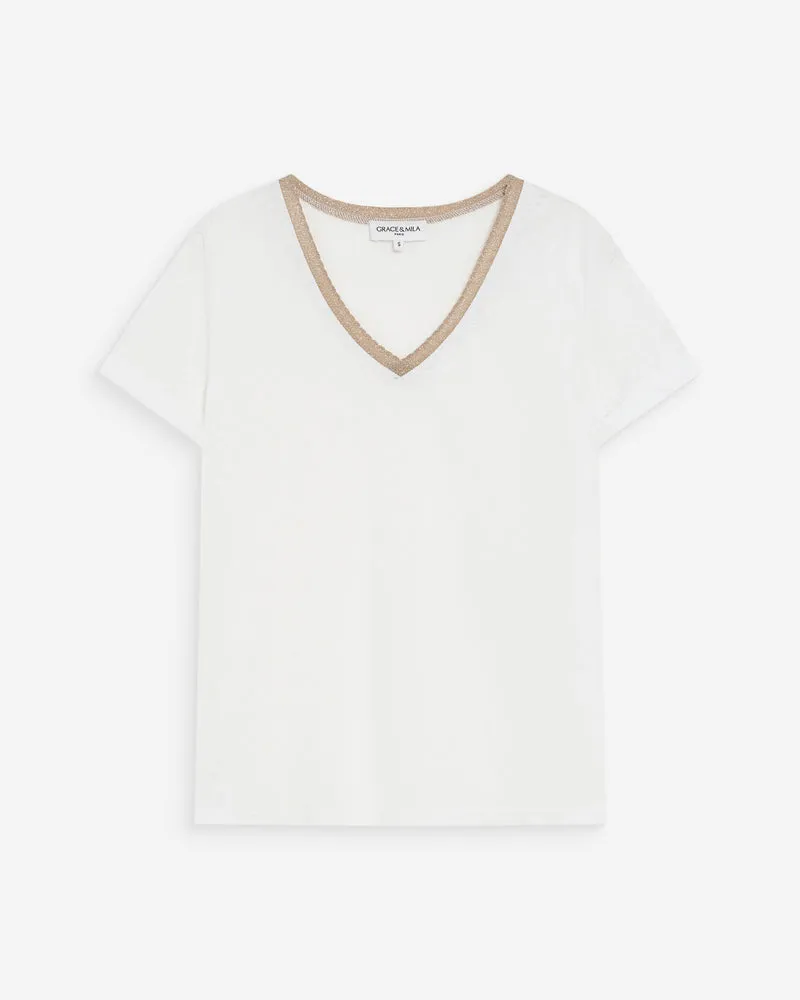 T-shirt col V manches courtes ivoire Vasco