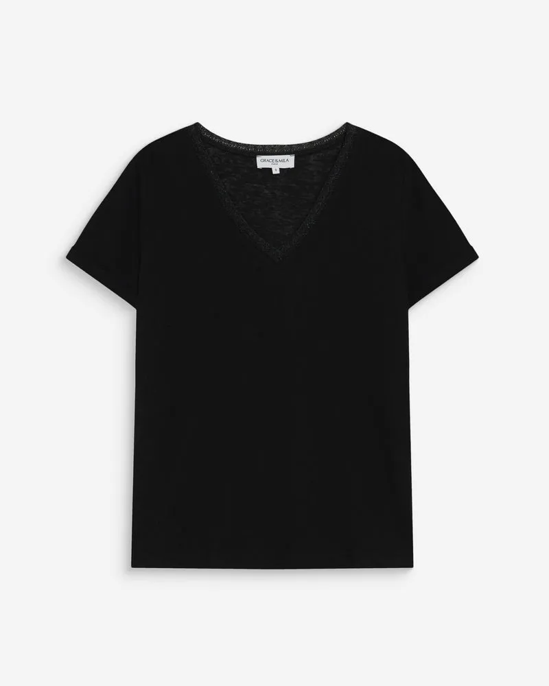 T-shirt col V manches courtes noir Vasco