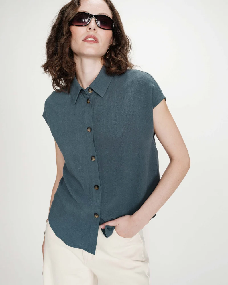 Chemise en lin fluide manches courtes emeraude Perez