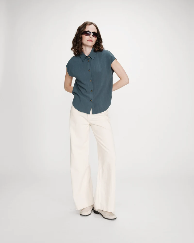 Chemise en lin fluide manches courtes emeraude Perez