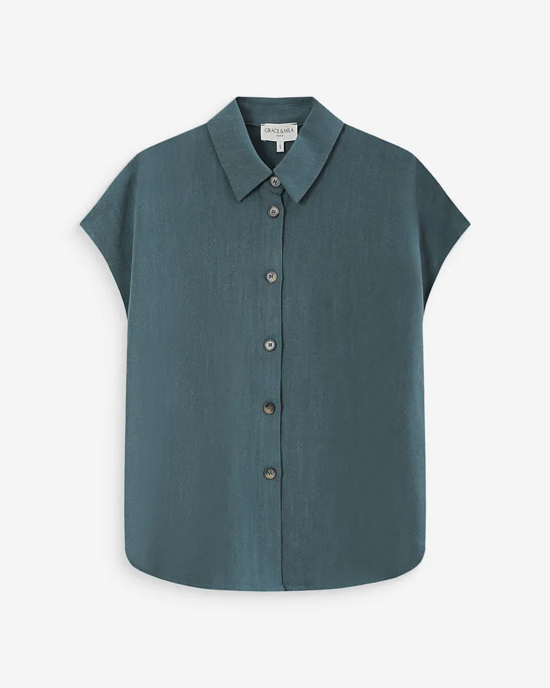 Chemise en lin fluide manches courtes emeraude Perez