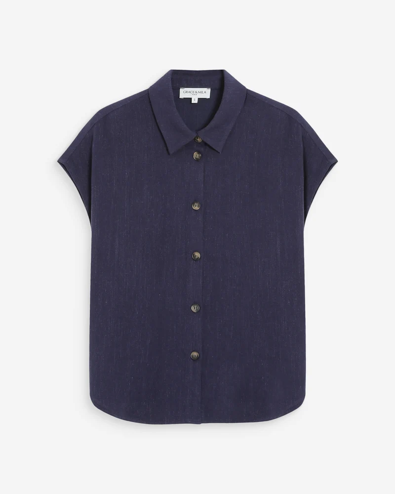 Chemise en lin fluide manches courtes marine Perez