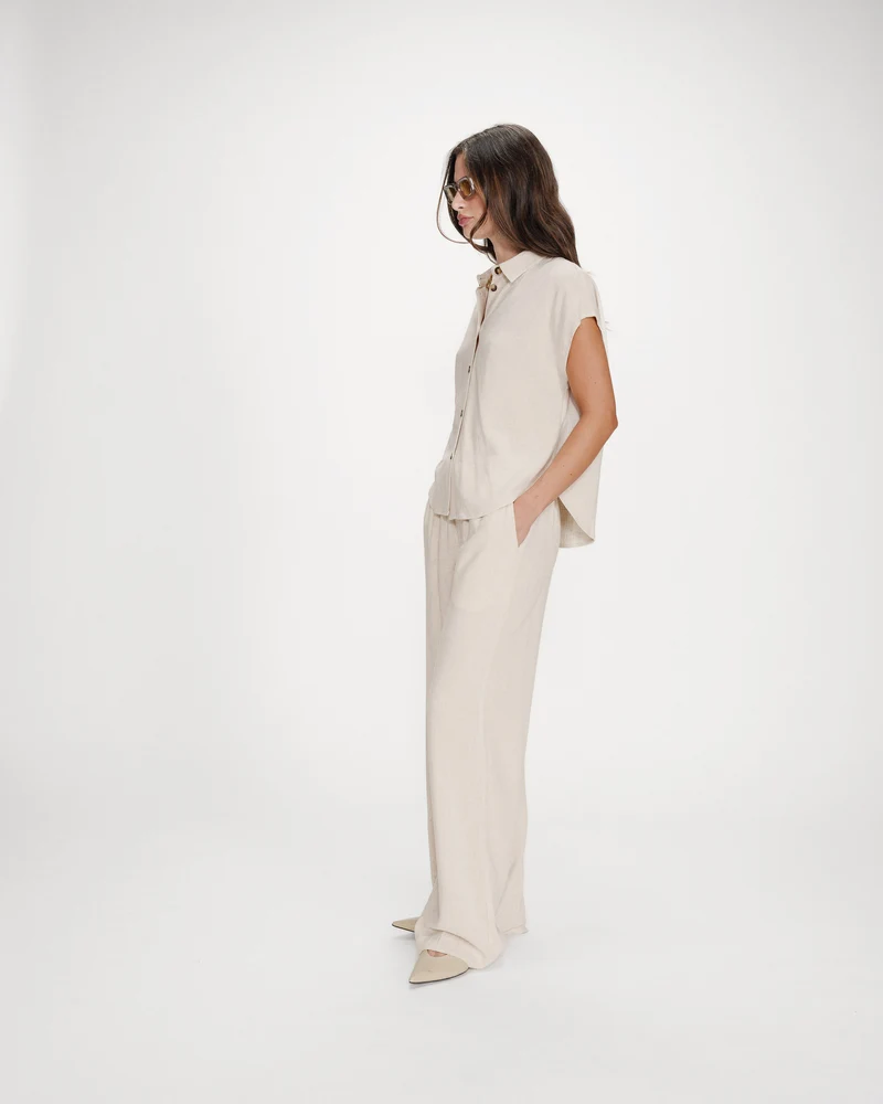 Chemise en lin fluide manches courtes sable Perez