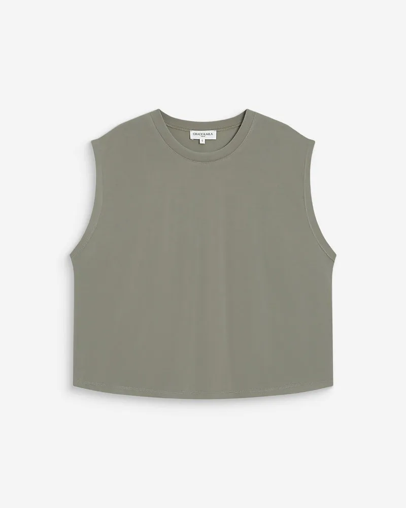T-shirt large sans manches en modal kaki Rimbaud