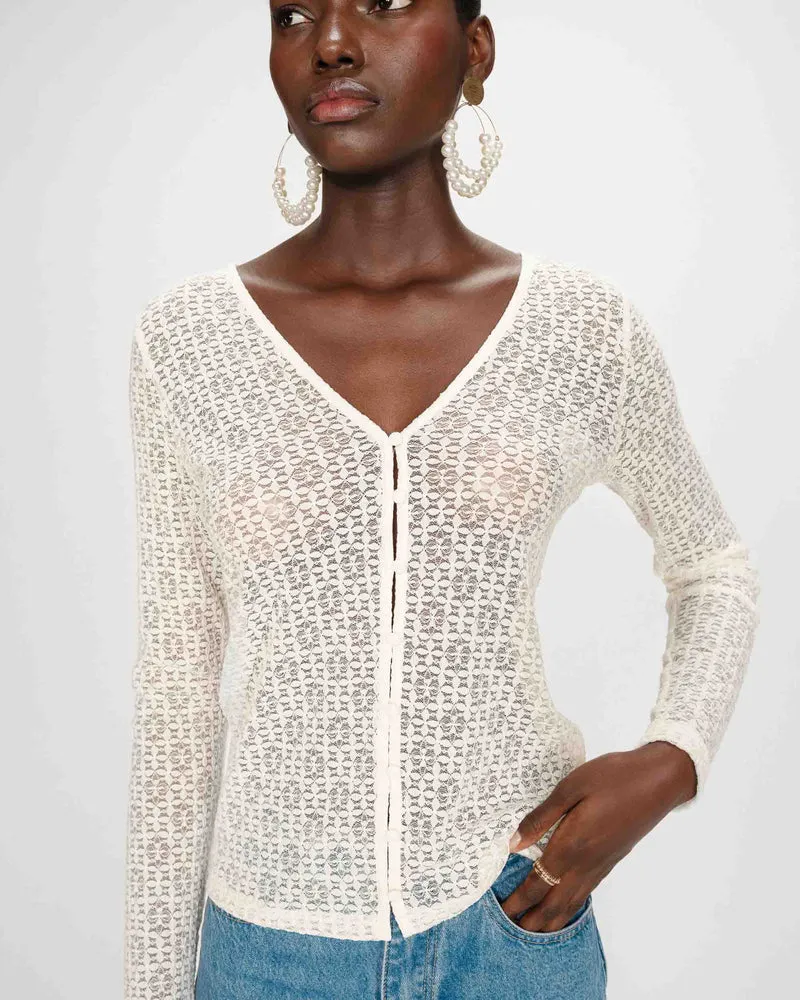 Top en dentelle ajusté boutonné col V ecru Venezia