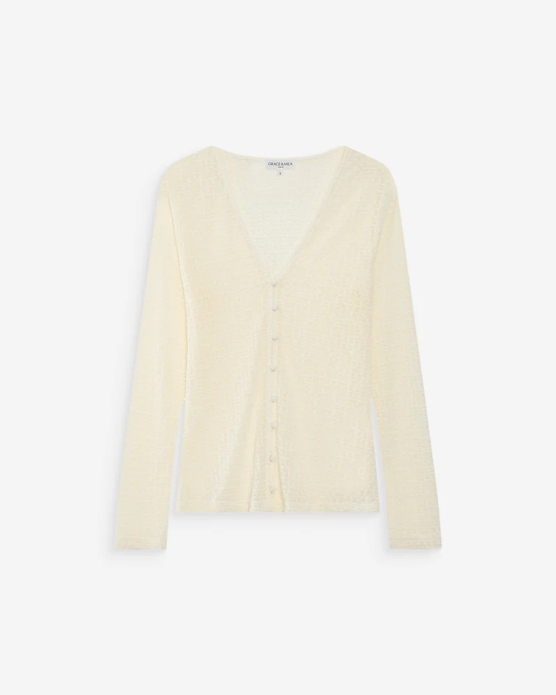 Top en dentelle ajusté boutonné col V ecru Venezia