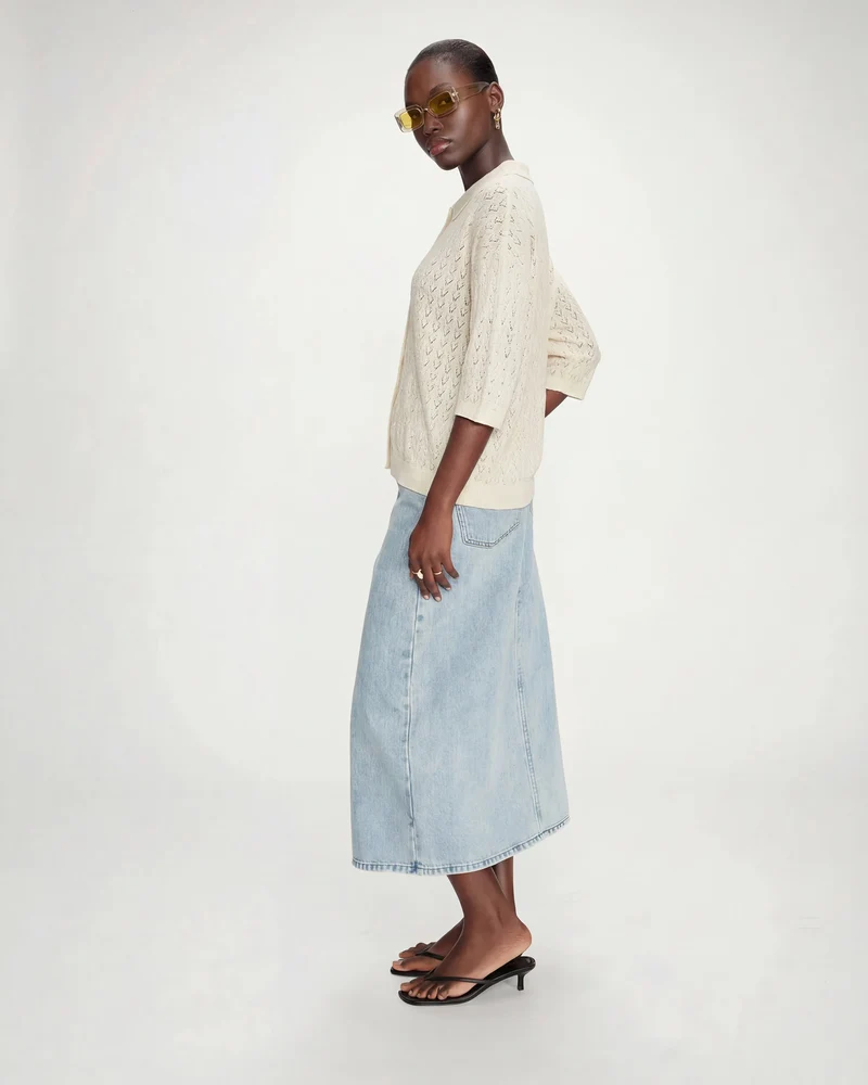 Cardigan en maille ajourée col chemise ecru Vadim