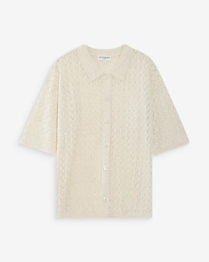 Cardigan en maille ajourée col chemise ecru Vadim