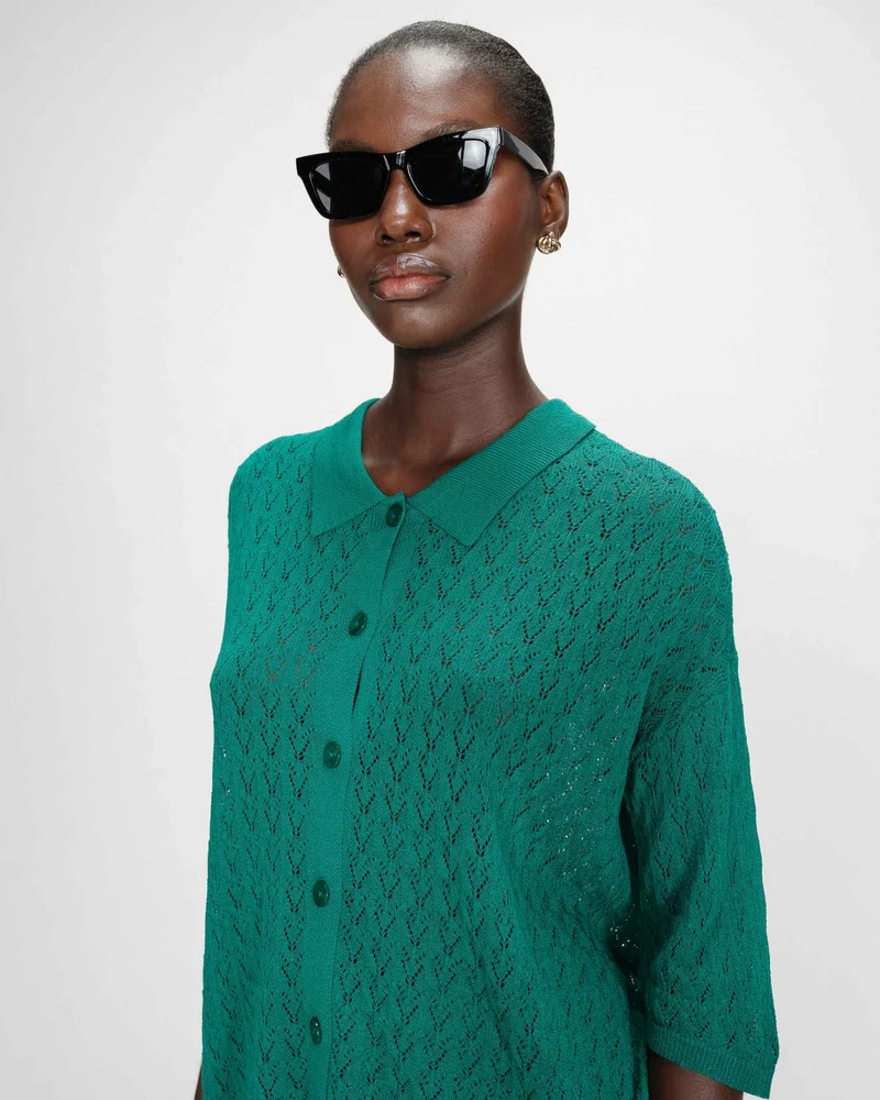 Cardigan en maille ajourée col chemise vert Vadim