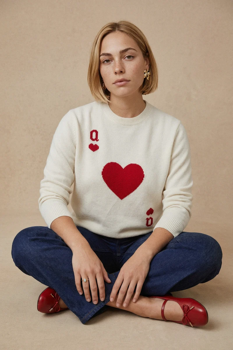 Pull Dame de Cœur Blanc en Laine