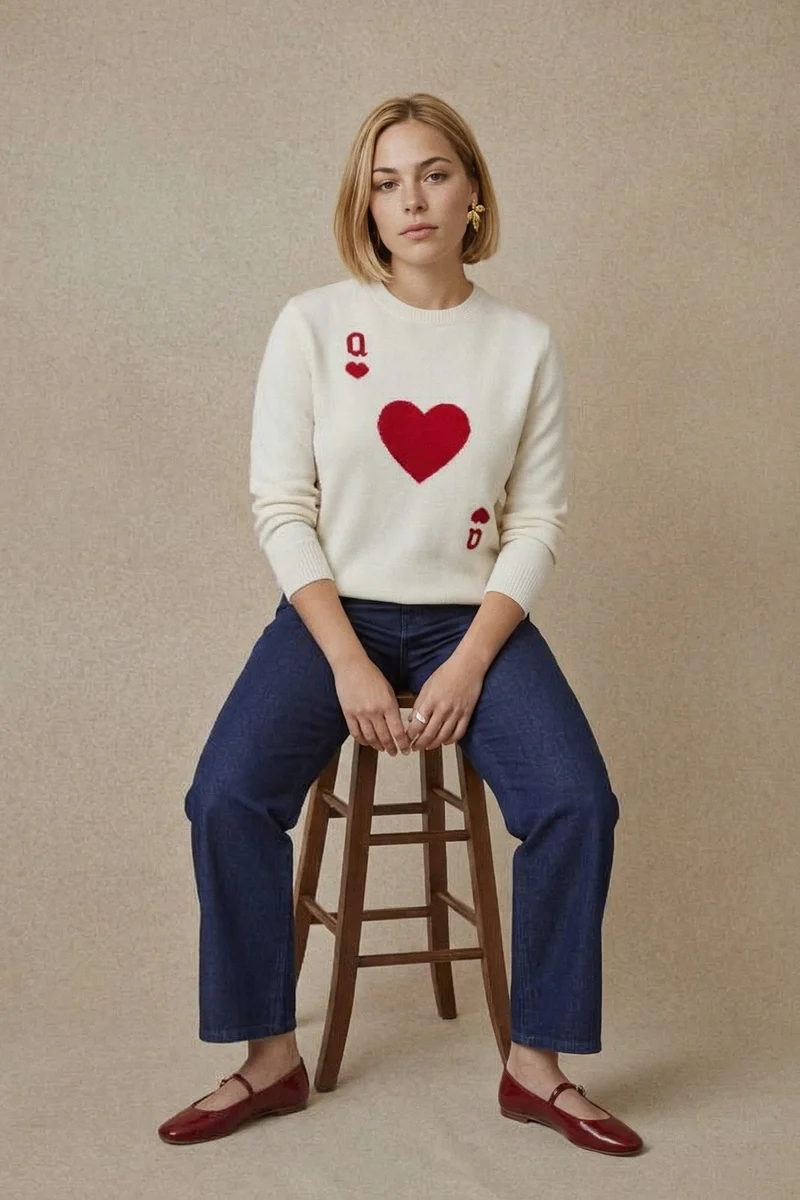 Pull Dame de Cœur Blanc en Laine
