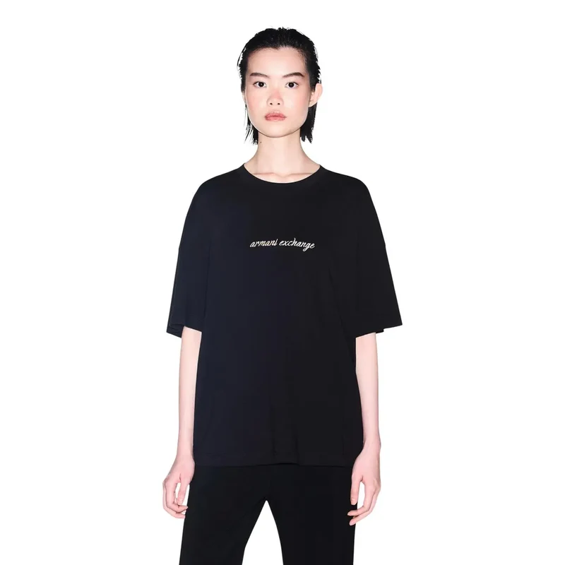 Armani Exchange T-shirt en coton noir pour femmes à col rond