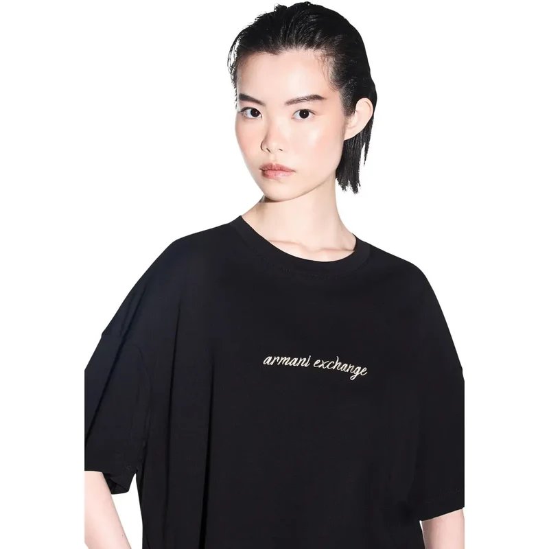 Armani Exchange T-shirt en coton noir pour femmes à col rond