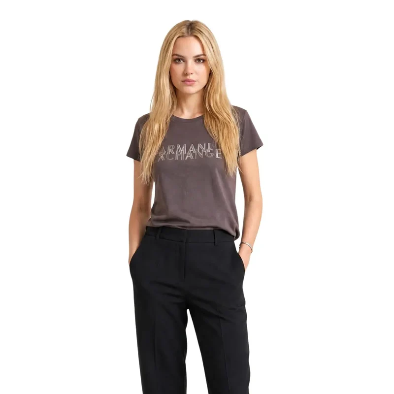 T-shirt en coton marron à col rond pour femme Armani Exchange