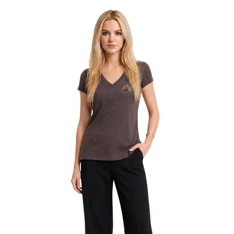 Haut en coton marron pour femmes Armani Exchange avec col en V, paillettes