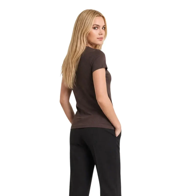 Haut en coton marron pour femmes Armani Exchange avec col en V, paillettes