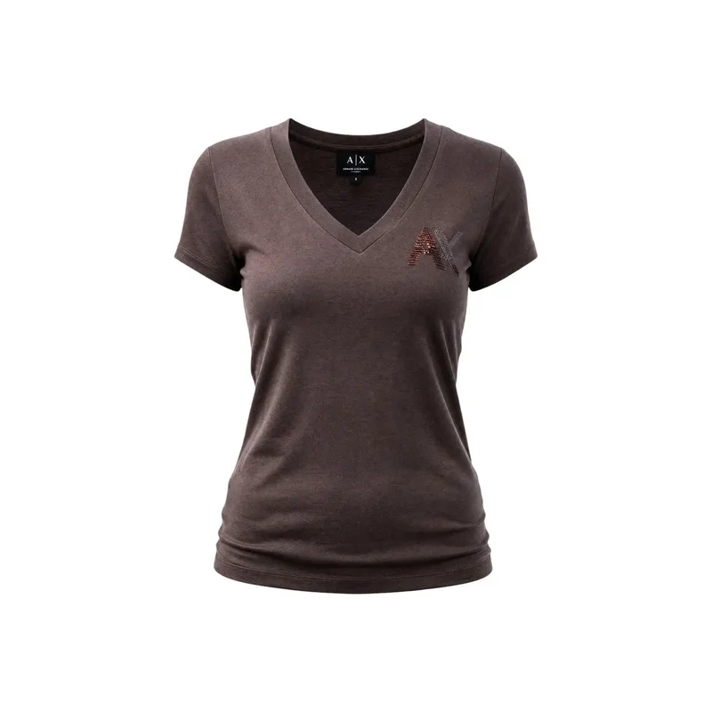 Haut en coton marron pour femmes Armani Exchange avec col en V, paillettes