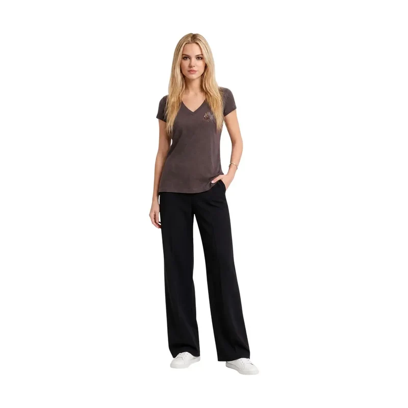 Haut en coton marron pour femmes Armani Exchange avec col en V, paillettes