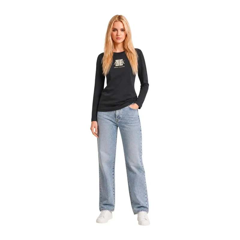 Armani Exchange T-shirt long à col rond en coton noir pour femmes