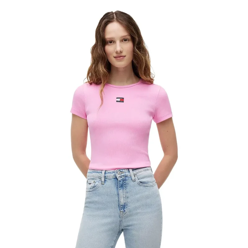 Jeans Tommy Hilfiger pour femmes, t-shirt en coton côtelé rose TJW