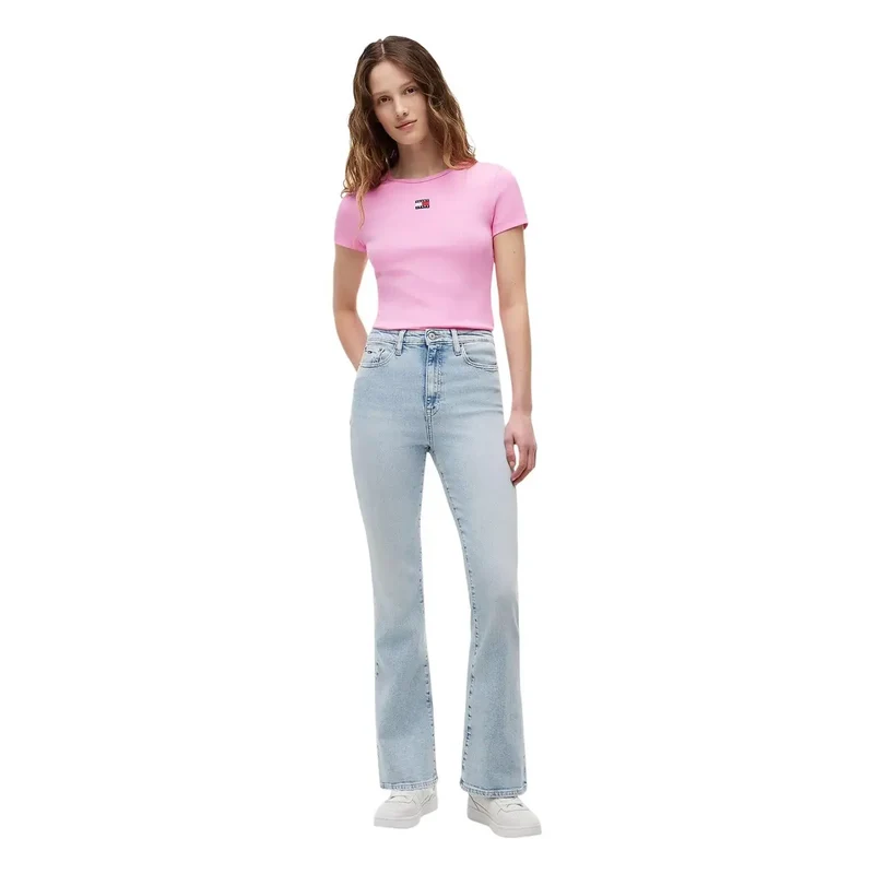 Jeans Tommy Hilfiger pour femmes, t-shirt en coton côtelé rose TJW