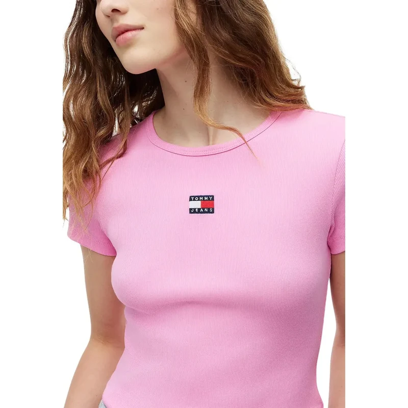 Jeans Tommy Hilfiger pour femmes, t-shirt en coton côtelé rose TJW