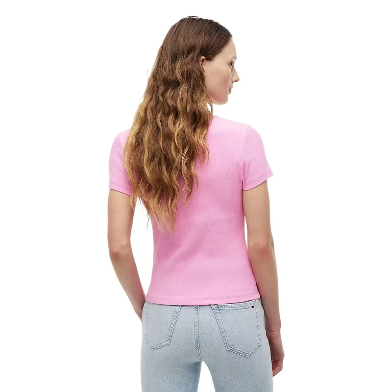 Jeans Tommy Hilfiger pour femmes, t-shirt en coton côtelé rose TJW