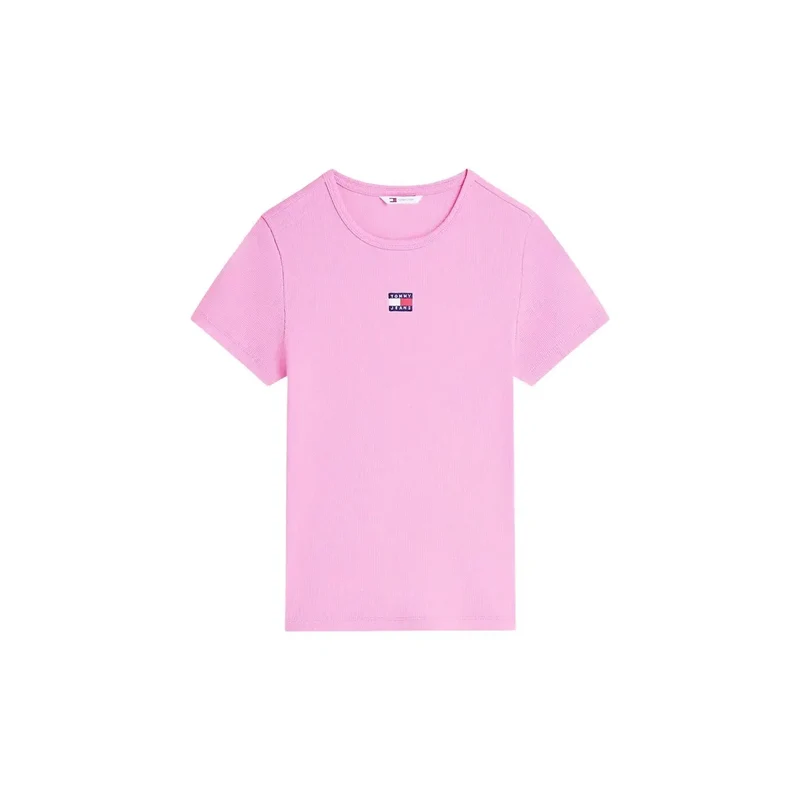 Jeans Tommy Hilfiger pour femmes, t-shirt en coton côtelé rose TJW